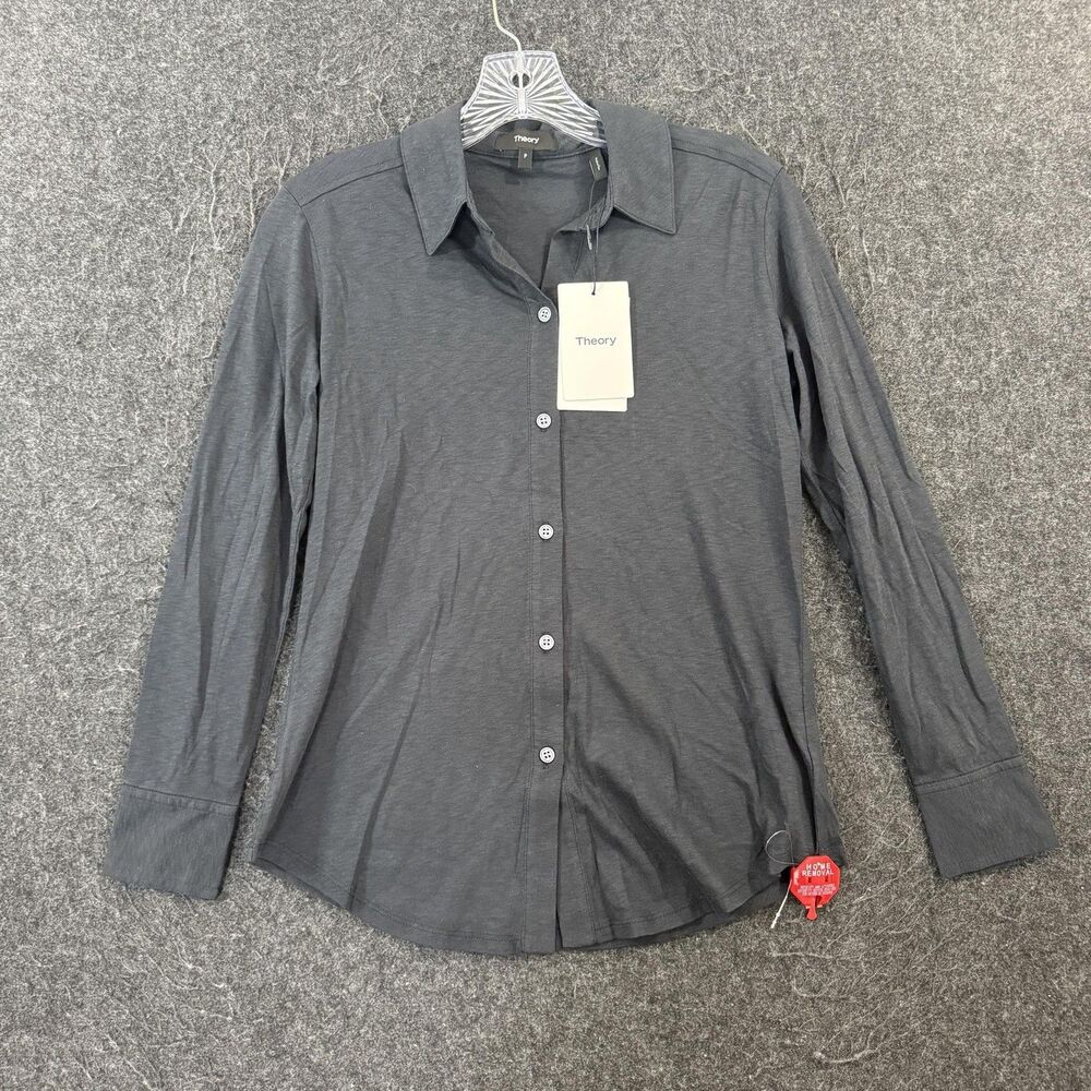 Theory Riduro R Shirt Women's P 0 Blue Deep Navy Sorena Slub Pima Cotton Button